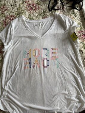Xersion White V‑Neck Short Sleeve Tee with Multicolor "MORE LOVE" Graphic